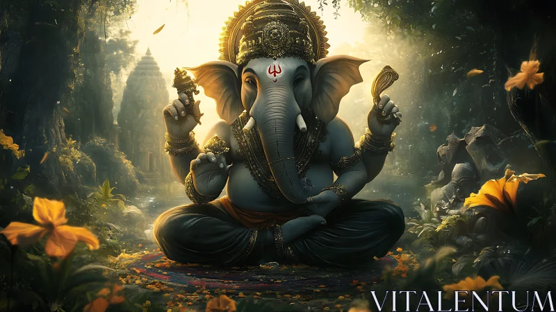 Elephant-headed deity sits in lush forest with temple backdrop