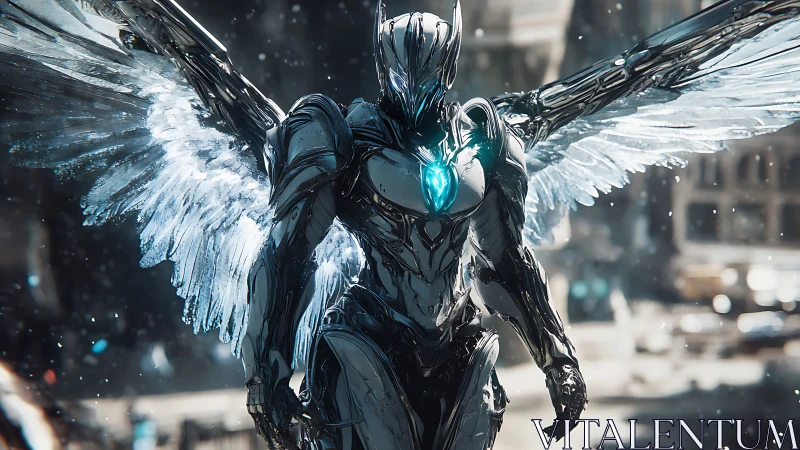 Cryogenic mecha-seraph with luminous arc-reactor core poised.