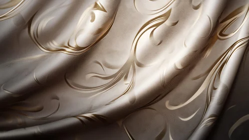 Elegant satin fabric with gold swirl pattern, luxurious texture.