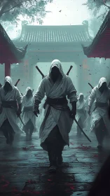 Silent blades converge beneath the jade temple fog.