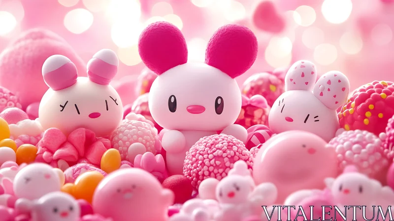 Pink rabbit figures among assorted pastel candy shapes.