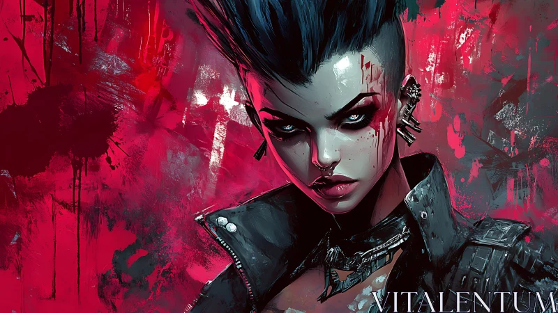 Punk cyberpunk warrior glares against blood-red abstract wall