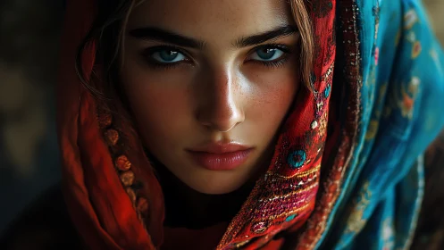 Intense blue-eyed portrait framed by vivid patterned scarf.