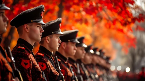 Military honor guard aligned in shallow depth under autumn foliage