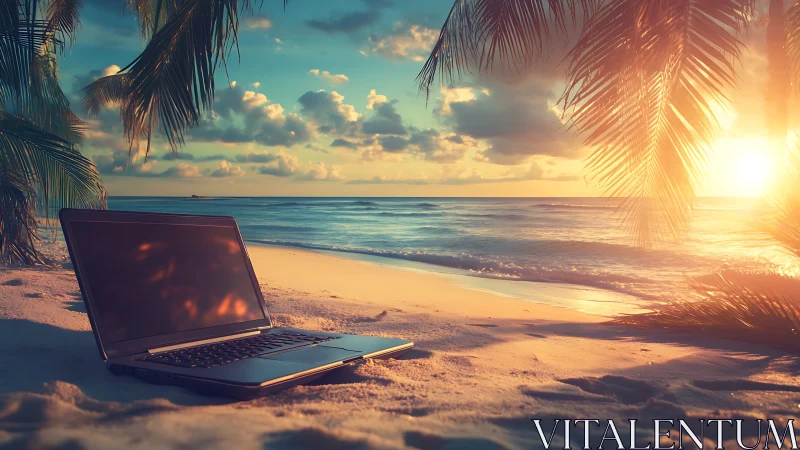 Laptop on tropical beach at sunset symbolizing remote work.