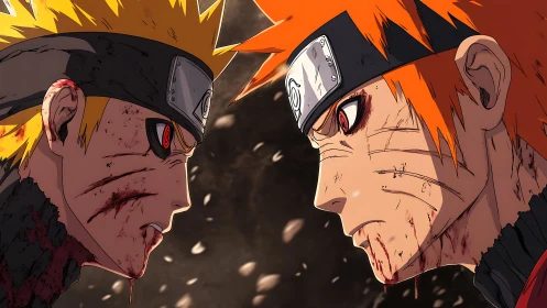 Intense shinobi duel in bloodstained close confrontation.