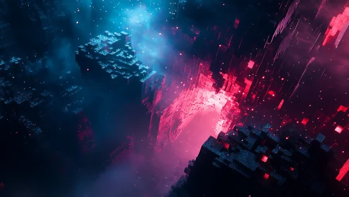 Neon data chasms collide in a glowing cubic stormscape.