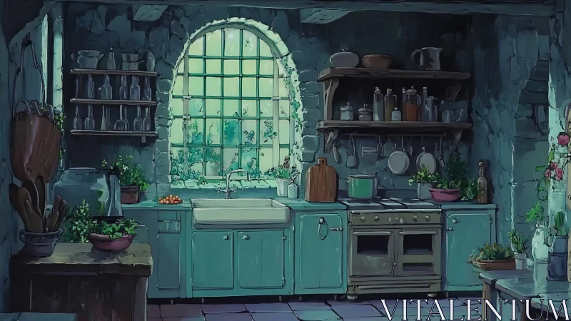 Stone cottage kitchen interior with vintage teal cabinets.