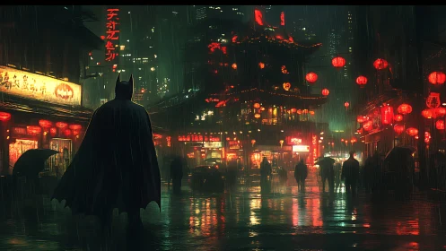 Dark vigilante in neon-soaked rainy Asian night street.