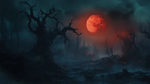 Blood-red moon over cursed dead forest at night.