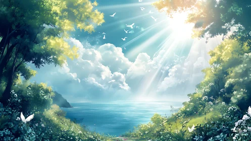 Sunlit forest cove opens toward calm blue coastal water