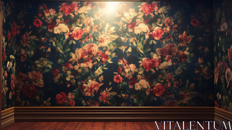 Floral wallpapered corner glows under warm spotlight.