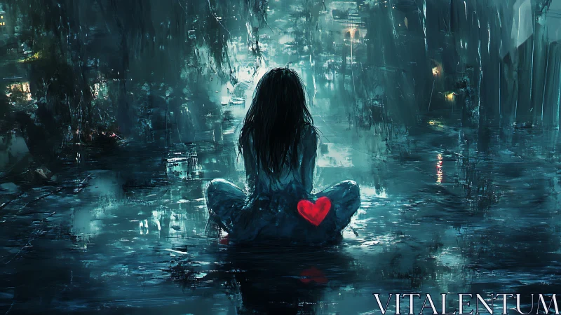Girl with glowing red heart sits alone in neon rain.