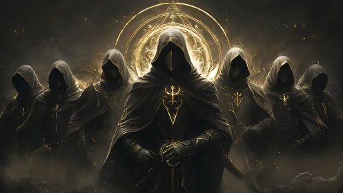 Hooded cult circle gathers before radiant occult sigil