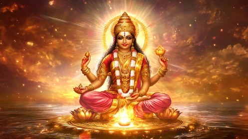 Seated four-armed deity on lotus over reflective water plane.