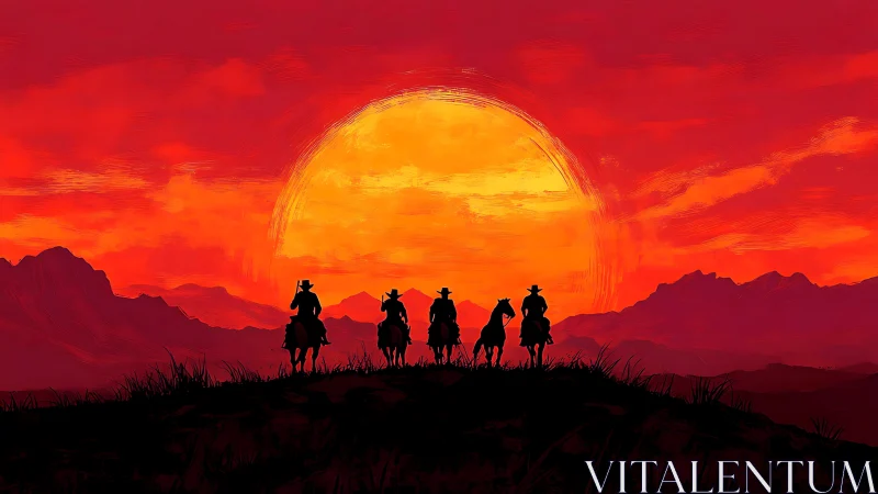 Four mounted riders cross ridge before oversized red sunset