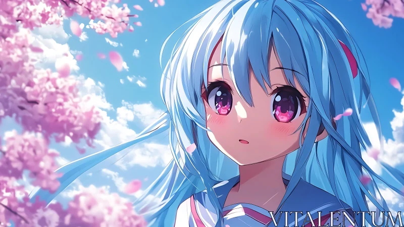 Spring sunlight frames blue-haired schoolgirl under sakura.
