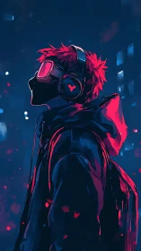 Neon-lit figure with headphones in stylized night scene.