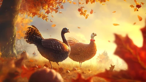 Autumn turkeys stand in golden sunlight amid falling leaves