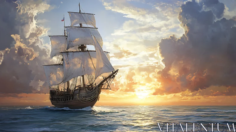 Sailing ship moves across low seas under stratified sunset cloud