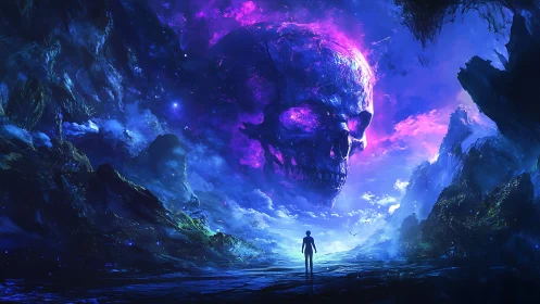 Cosmic nebula skull looming above lone silhouetted wanderer