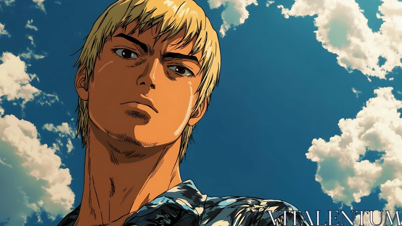 Blond male figure in low angle view against clouded sky.