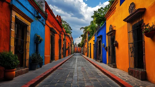 Colorful old town street glowing with warm, inviting charm.