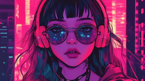 Neon city girl listens deeply beneath glowing cyber lights