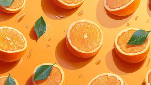 Orange halves with leaves arranged on bright orange background