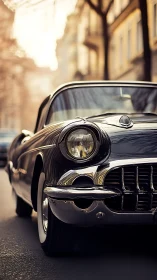 Classic black convertible parked on urban street at dusk.