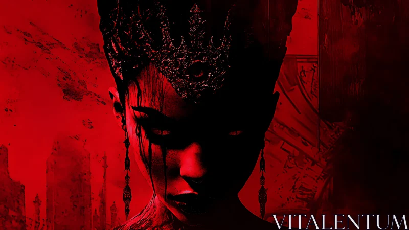 Dark crowned woman in red light with intense shadowed gaze.