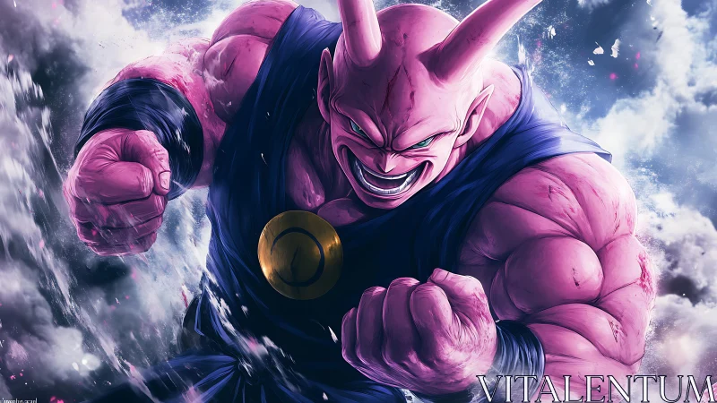 Ferocious pink warrior lunges forward through shattered sky.