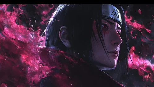 High-contrast anime portrait with crimson energy and metal forehead guard