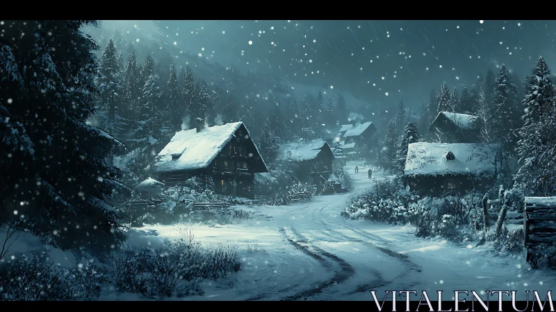 Quiet snow-covered village road under falling night snow.