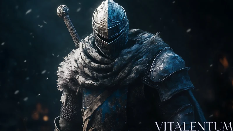 Armored knight in fur cloak standing in dark snowstorm.