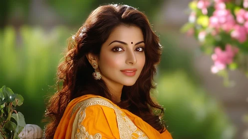 Soft-focused portrait of woman in orange sari with bokeh garden