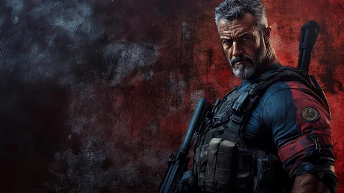 Grizzled armed soldier against dark red textured wall.