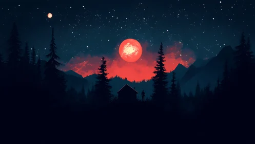 Silhouetted forest cabin under crimson supermoon sky glow