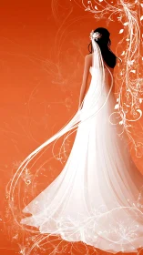 Digital bridal silhouette in white gown on vivid orange field
