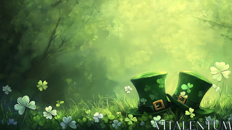 Green top hats and clover field in diffuse forest light.