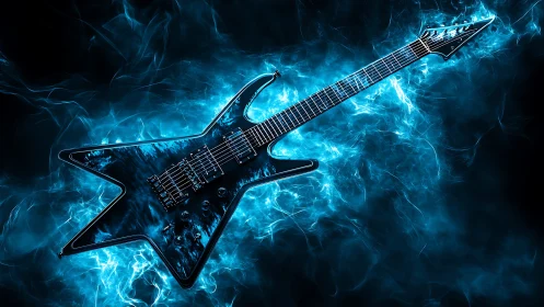 Electric blue metal guitar in luminous energy field rendering.