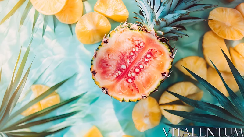 Vibrant sliced pineapple floats in a playful tropical pool scene