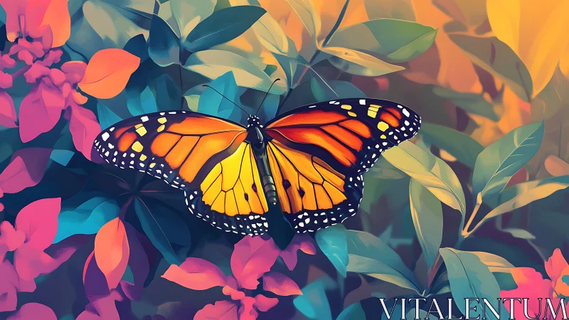 Monarch butterfly rests on stylized foliage in vivid colors