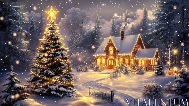 Snowy cottage and glowing Christmas tree at nightfall.