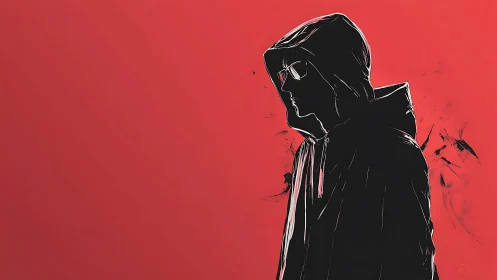 Hooded figure in profile stands against flat red backdrop