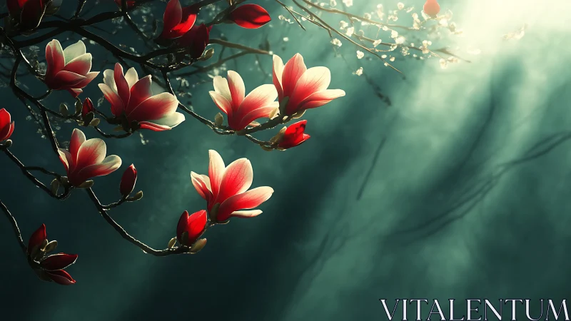 Radiant red magnolia blossoms in dreamy sunlight, digital art.