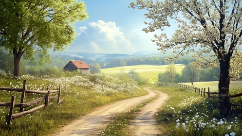 Spring country lane with blossoming trees and distant cottage.