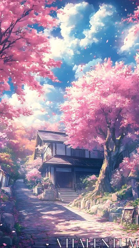 Traditional house on sakura-lined stone path at noon.