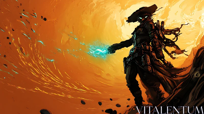 Cybernetic gunslinger channels plasma energy in desert vortex