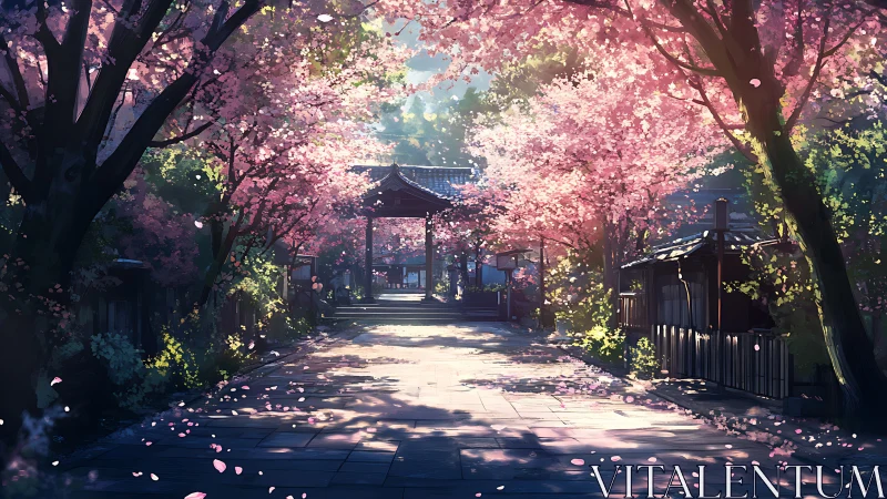 Sunlit shrine lane under confetti clouds of cherry bloom.